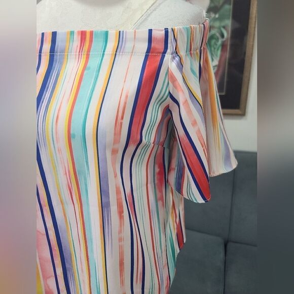 Do + BE Colorful Off Shoulder Silky Vertical Stripes Top - Picture 6 of 14